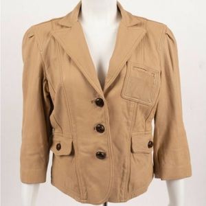 Bebe Womens Leather Jacket Blazer Full Button Up L Large Tan Camel 3/4 sleeves
